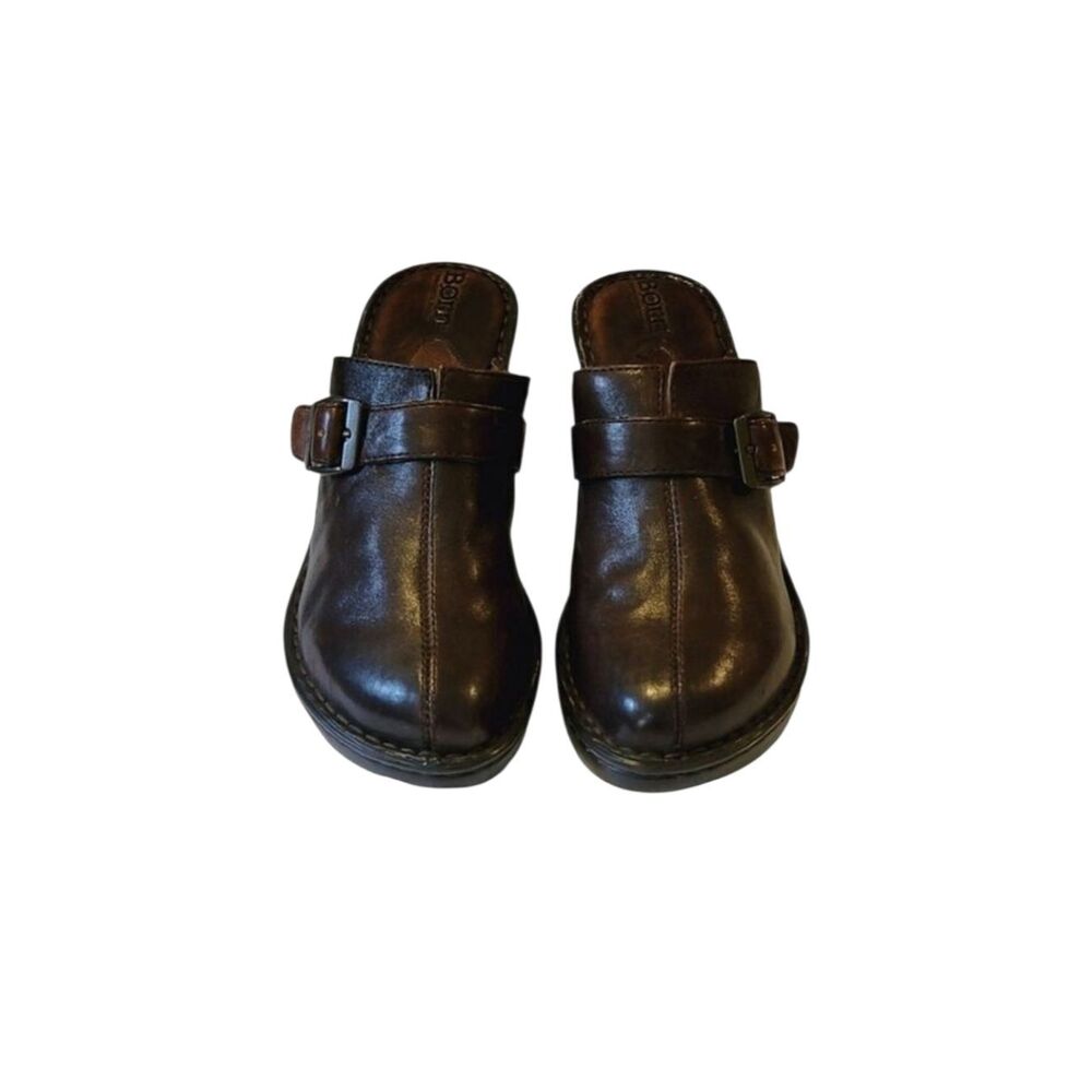 Born Handcrafted Brown Leather Wedge Heel Buckle Detail Slip-on Mule Shoe Size 8